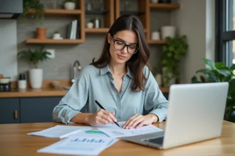 Jeune femme vérifiant ses factures dans une cuisine moderne