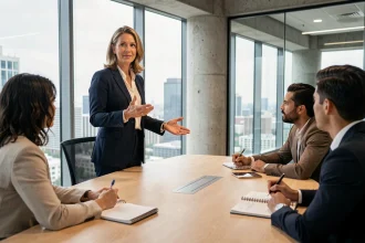 Femme leader dirigeant une réunion d'équipe en entreprise avec assurance et clarté