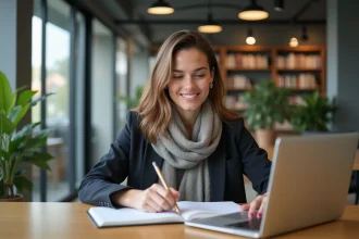 Femme souriante prenant des notes dans un espace de coworking lumineux