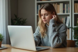 Femme assise devant son ordinateur portable avec une expression perplexe face à un espace en ligne indisponible