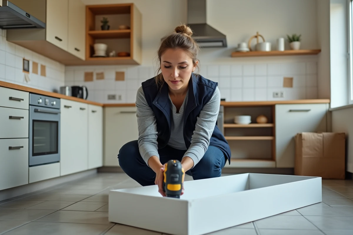 Femme utilisant une perceuse sans fil pour assembler une étagère lors d'un cours de bricolage à domicile