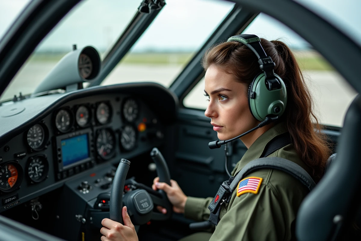 Femme pilote de chasse militaire aux commandes d'un cockpit d'avion de combat lors d'une session d'entraînement