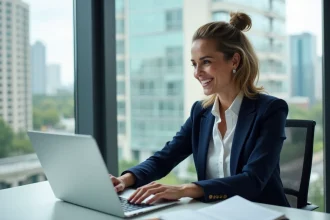 Femme professionnelle souriante travaillant sur son ordinateur dans un bureau