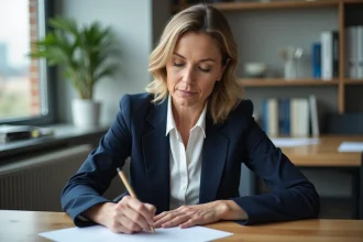 Femme professionnelle en bureau écrivant une lettre à la main