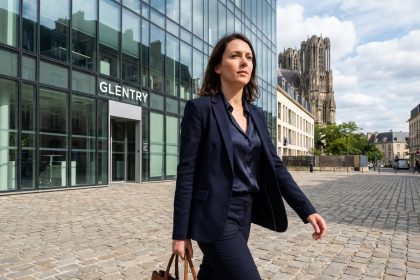 Femme d affaires en ville de Reims avec bâtiment moderne