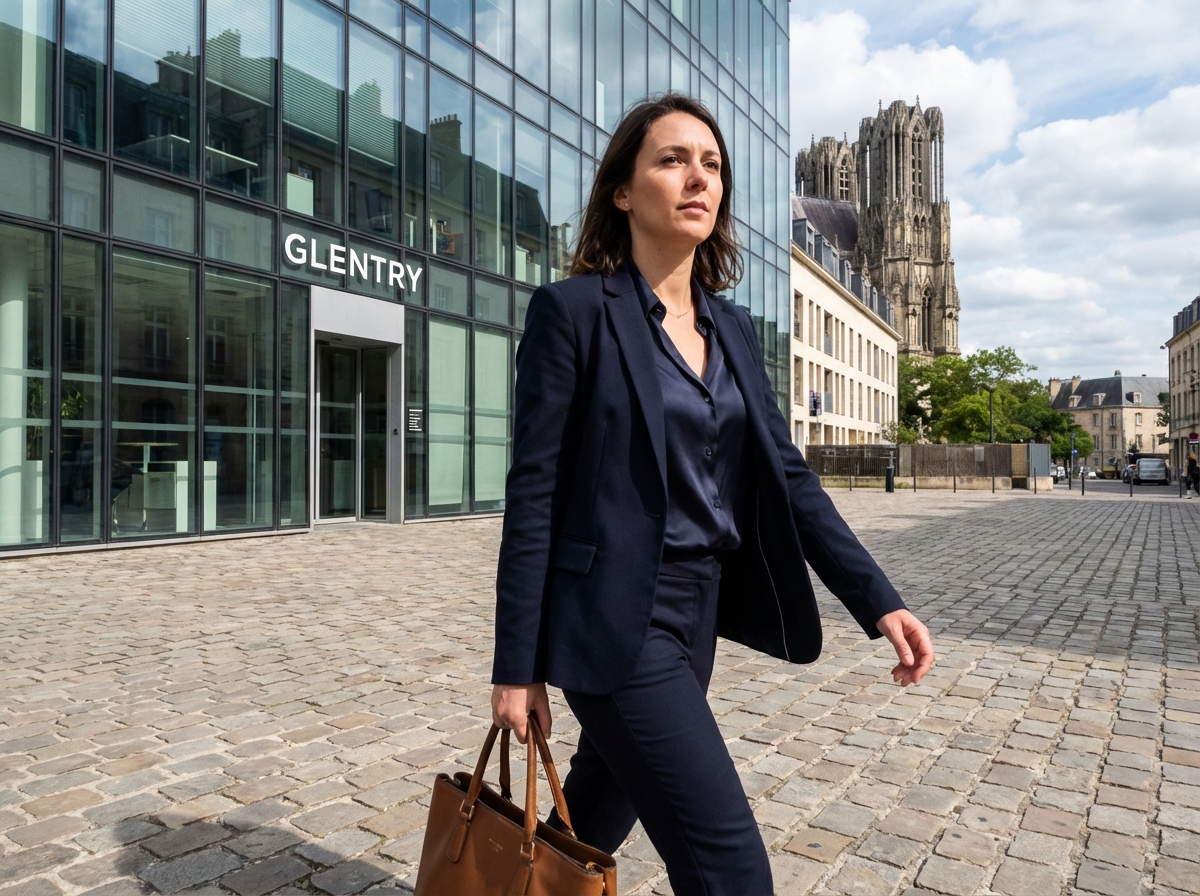 Femme d affaires en ville de Reims avec bâtiment moderne