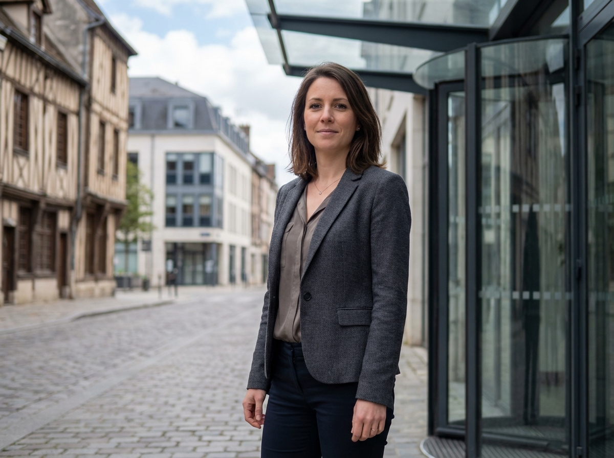 Femme professionnelle confiante devant un centre d'affaires à Troyes