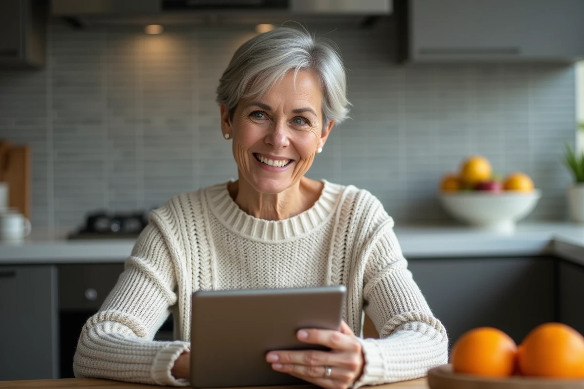 Femme souriante vérifiant son compte Cybercollège sur une tablette en cuisine