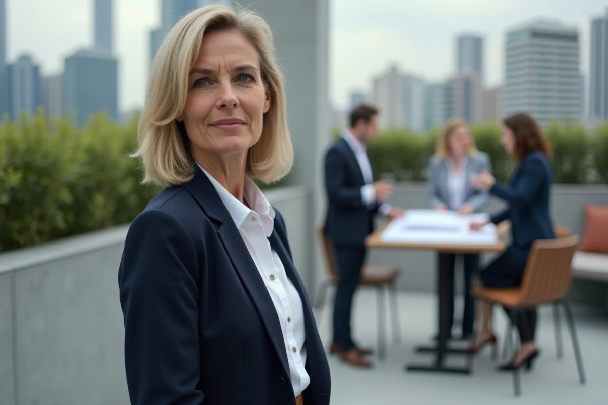 Femme supervise une &eacute;quipe en terrasse urbaine