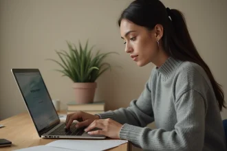 Jeune femme concentrée passant un test de QI en ligne sur son ordinateur portable dans un bureau minimaliste