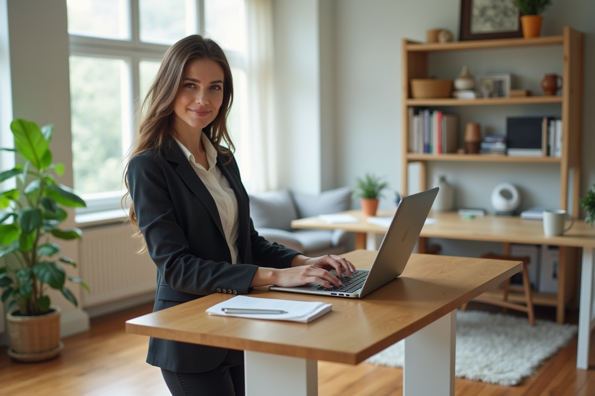 Jeune femme travaillant à son bureau à domicile