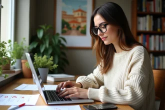 Jeune femme étudiant avec ordinateur et notes en espagnol