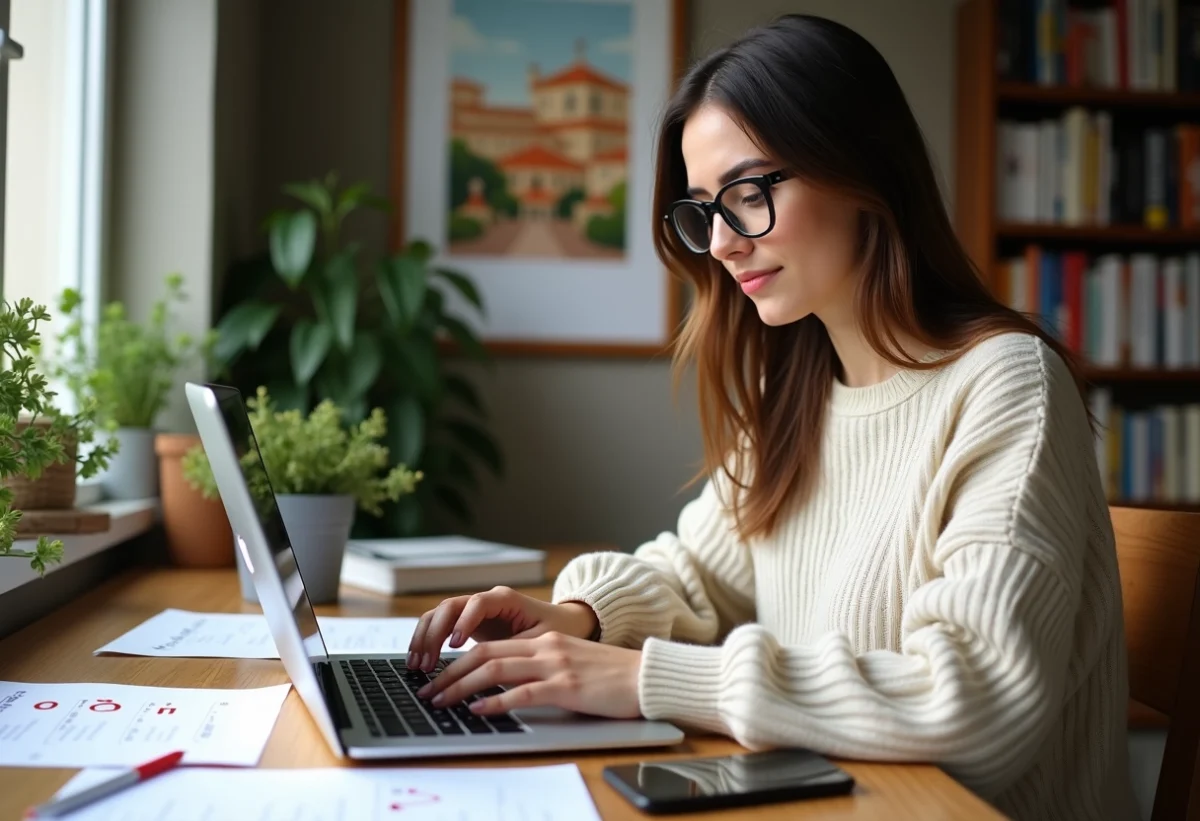 Jeune femme étudiant avec ordinateur et notes en espagnol