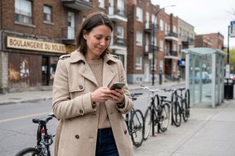 Femme en ville regardant son smartphone avec un manteau beige