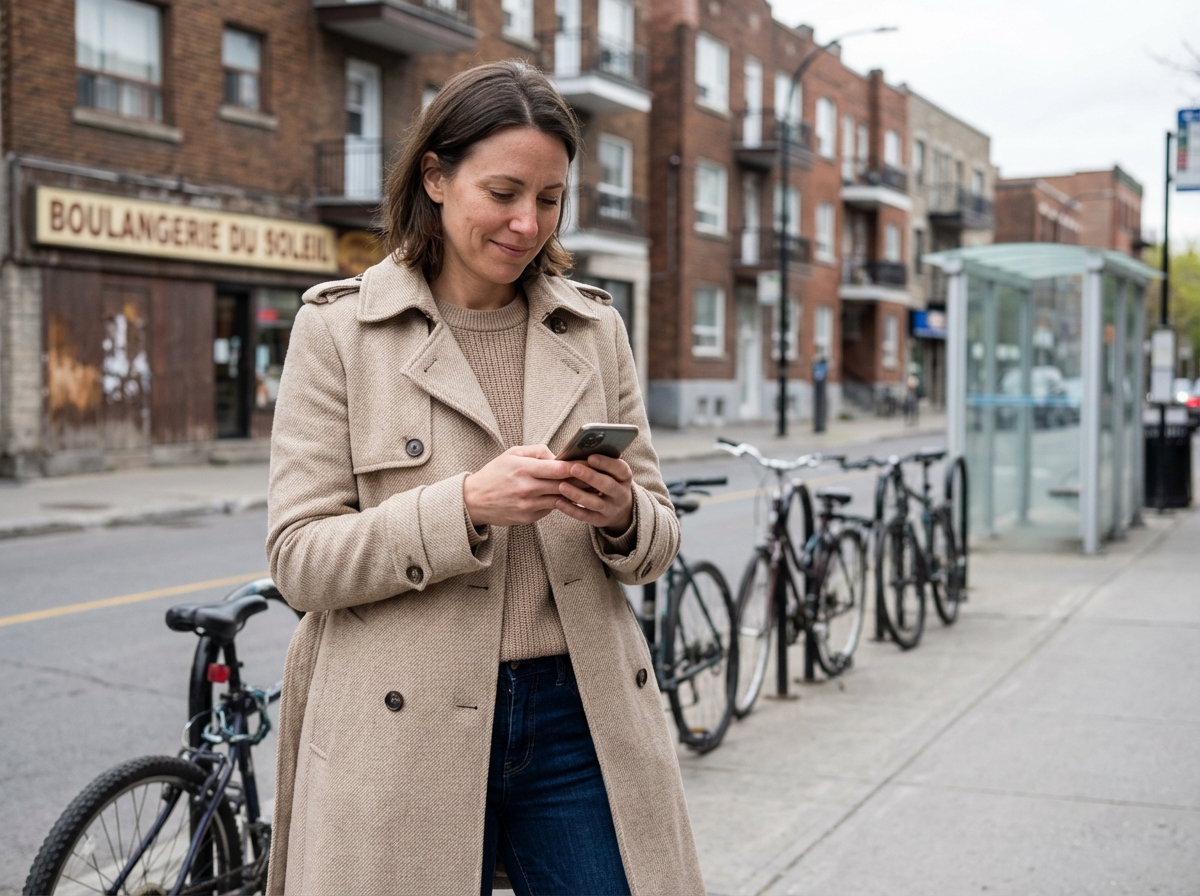 Femme en ville regardant son smartphone avec un manteau beige