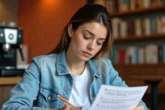 Jeune femme étudiant une fiche mémo des questions du permis de conduire dans un café