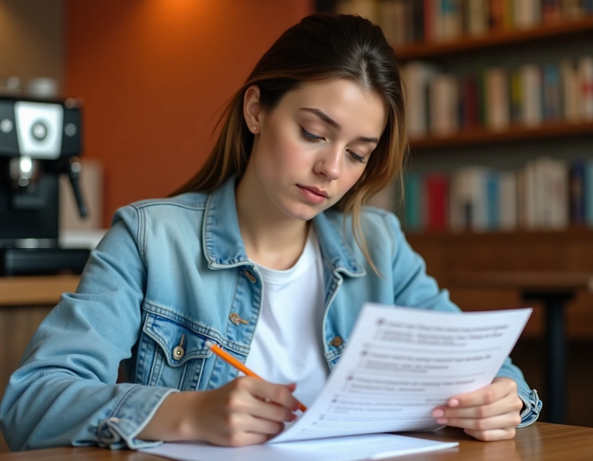 Jeune femme étudiant une fiche mémo des questions du permis de conduire dans un café