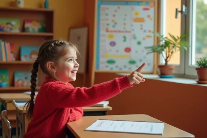 Jeune fille en classe pointant un tableau de conjugaison du verbe partir au présent