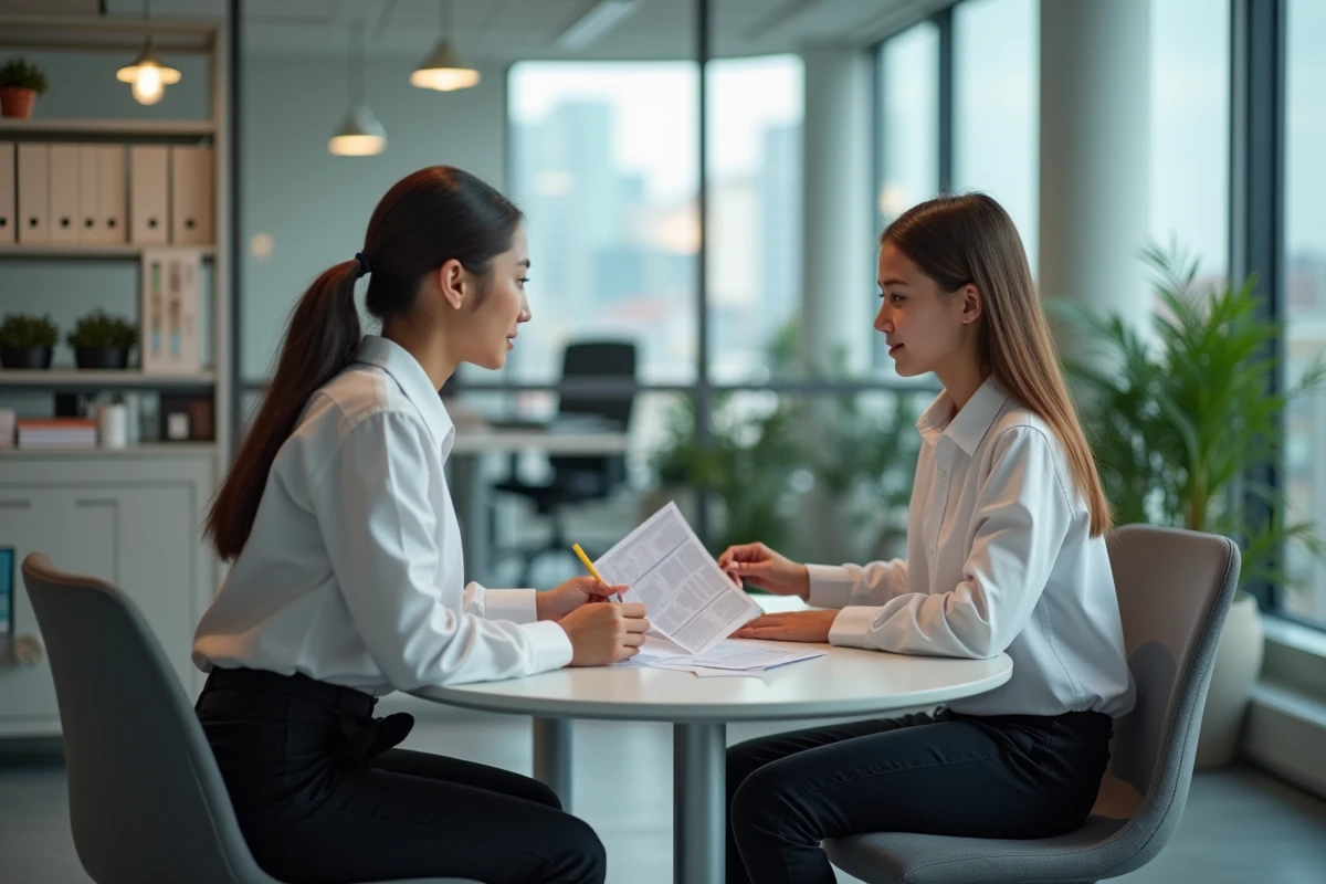 Fille de 15 ans en blouse blanche discute avec un mentor en bureau