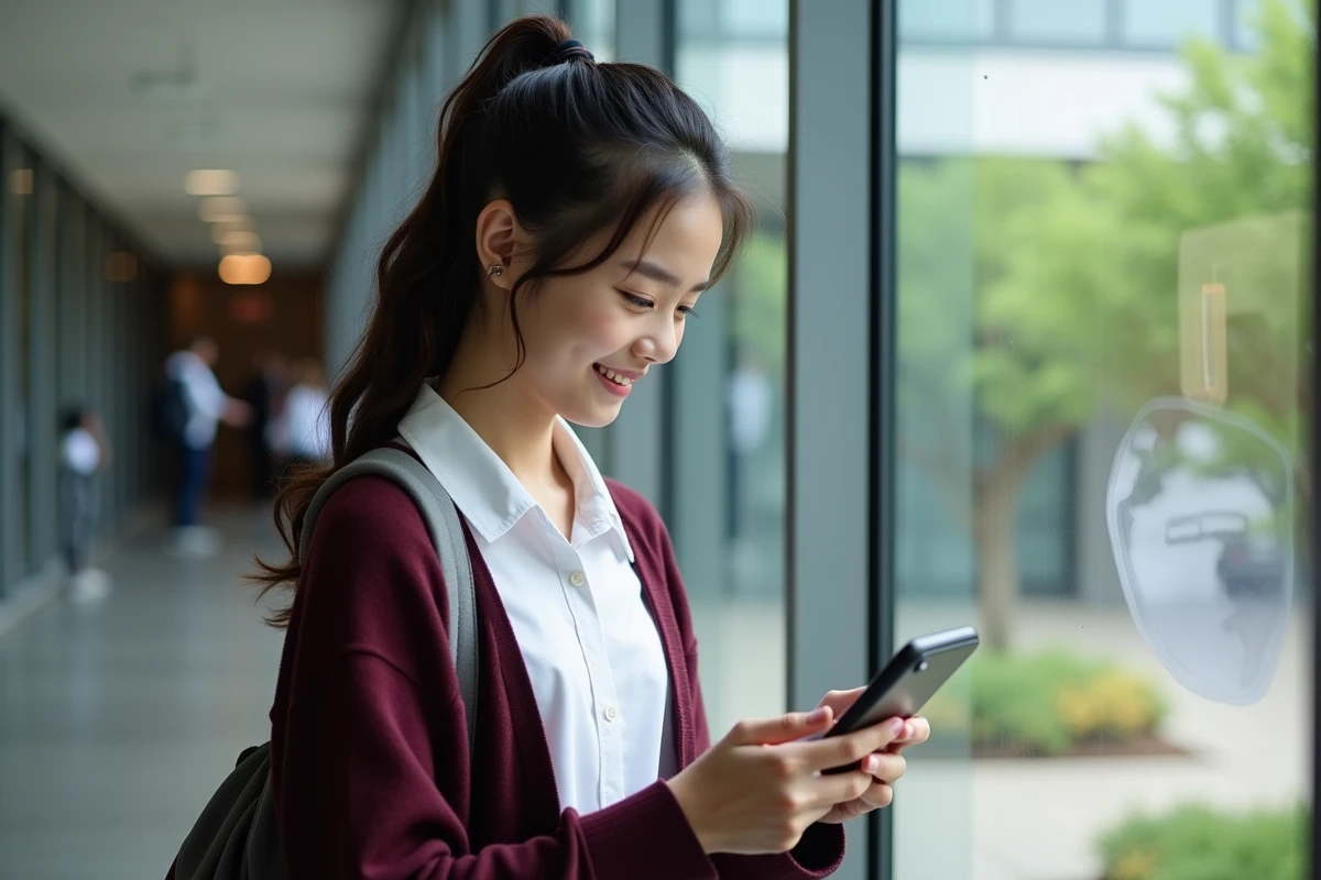 Fille de lycée souriante utilisant une application scolaire sur smartphone
