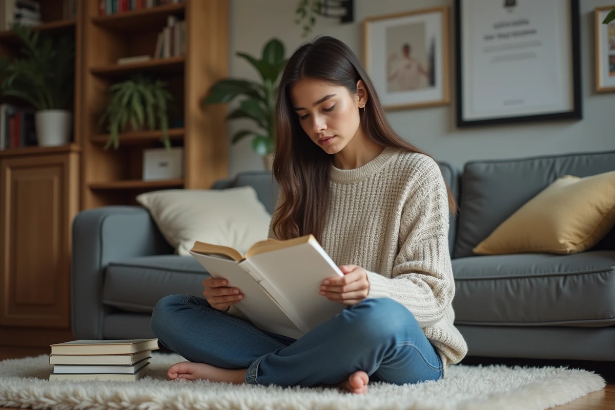 Jeune femme relisant son examen dans un salon cosy