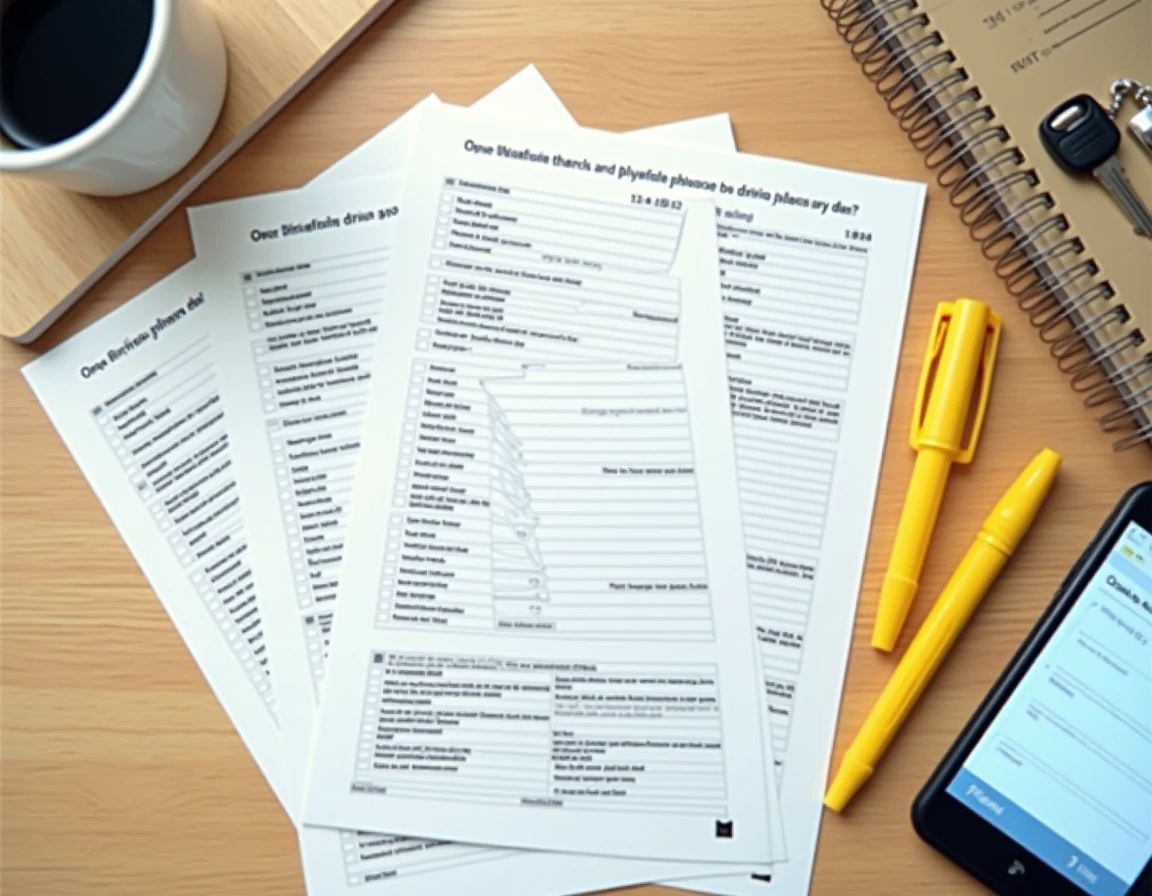 Vue de dessus d'une fiche mémo PDF questions permis de conduire posée sur un bureau avec clés de voiture et smartphone