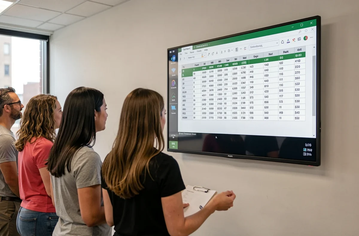 Formateur et stagiaires devant un tableau Excel projeté en salle