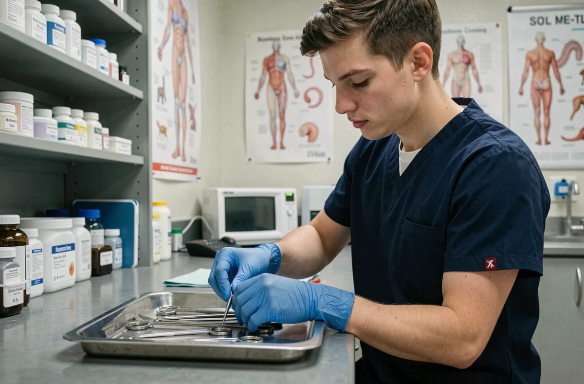 Jeune homme en formation ASV alternance préparant du matériel vétérinaire en salle de préparation