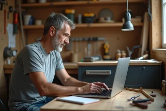 Homme apprenant le bricolage en ligne depuis son atelier à domicile avec un ordinateur portable et des outils