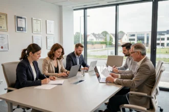 Groupe de professionnels adultes en formation continue dans un centre de formation moderne en Essonne