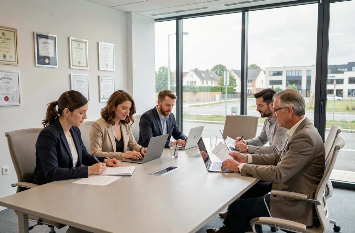 Groupe de professionnels adultes en formation continue dans un centre de formation moderne en Essonne