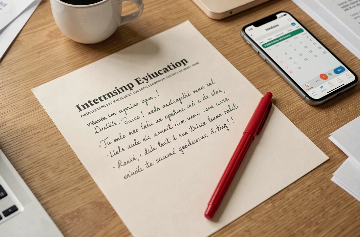 Formulaire d'appréciation de tuteur de stage avec commentaires manuscrits sur un bureau