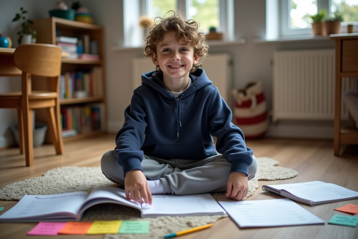 Garçon apprenant la conjugaison du verbe partir au présent dans sa chambre entouré de cahiers