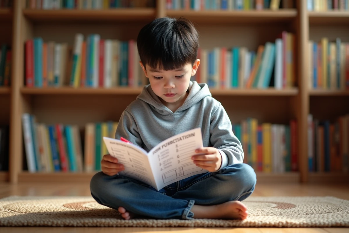 Garçon de CM1 révisant des exercices de ponctuation sur une fiche imprimée dans une bibliothèque à domicile