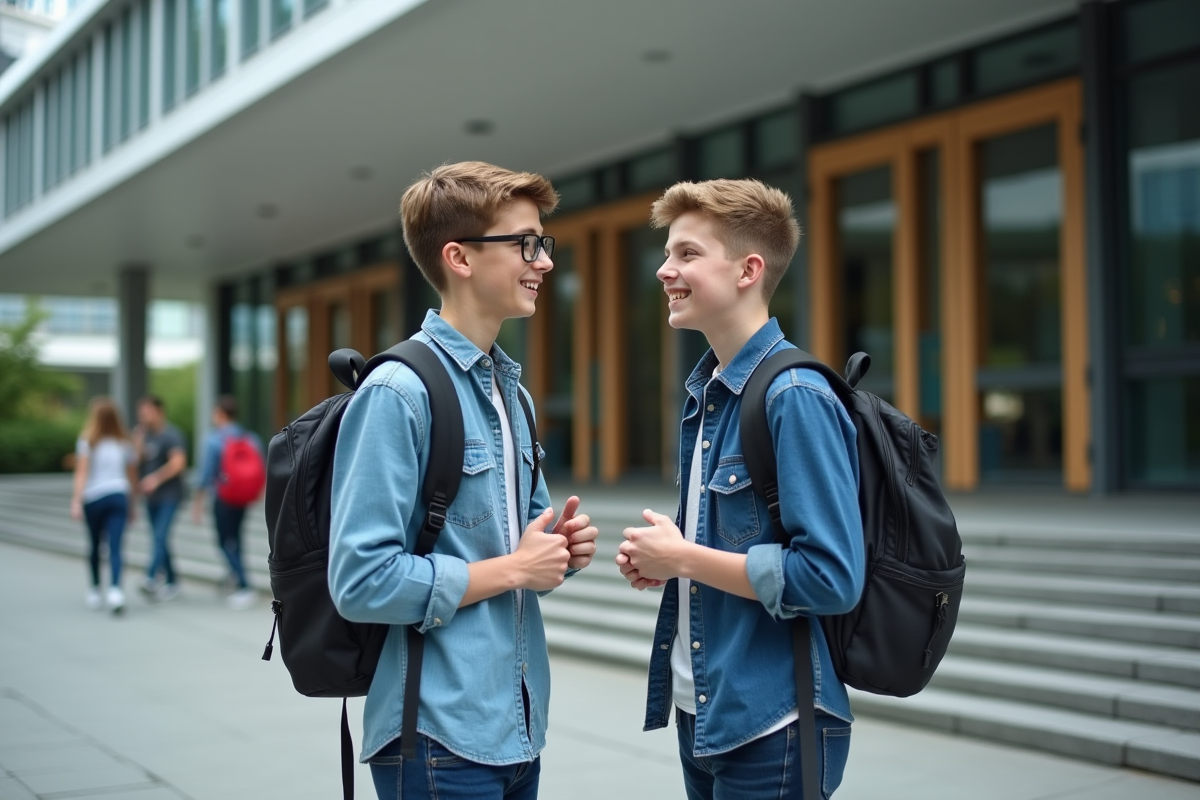 Adolescent discutant avec un ami devant un bâtiment de bureau