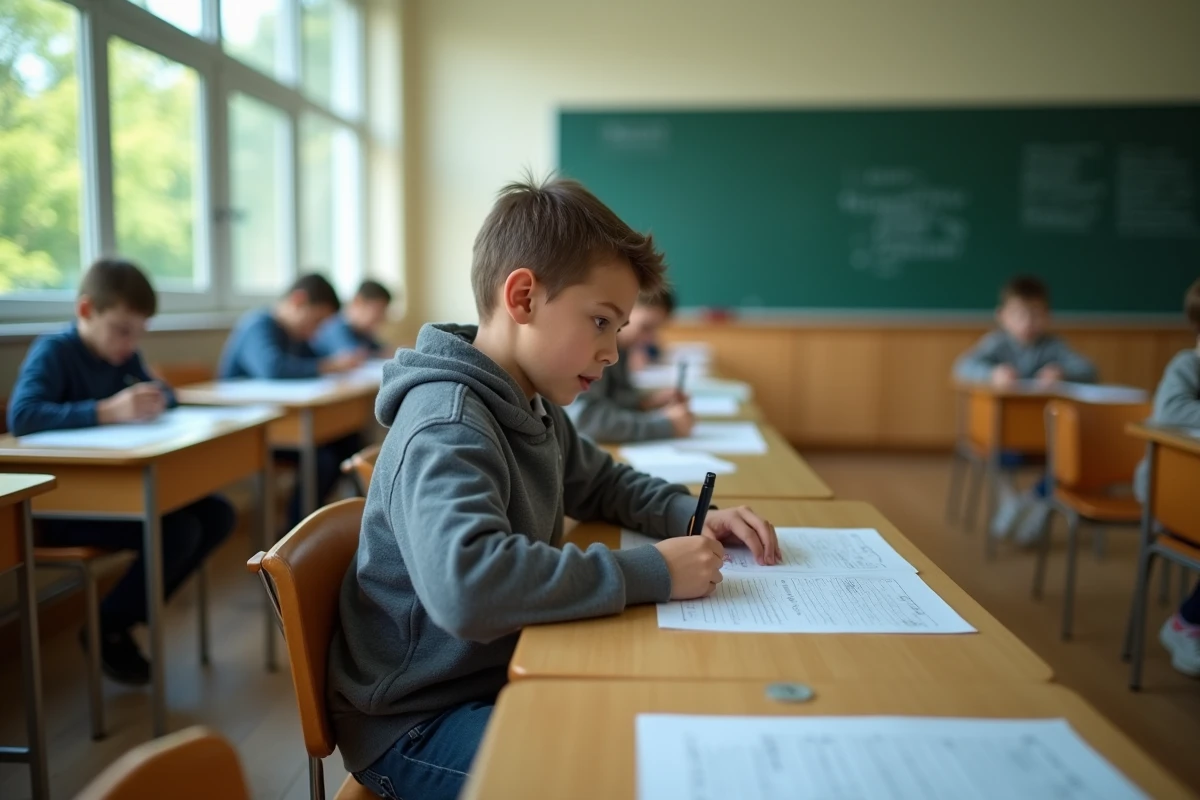 Jeune gar&ccedil;on concentr&eacute; travaillant &agrave; son bureau en classe