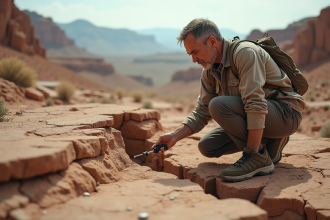 Géologue homme examine une faille dans un paysage aride