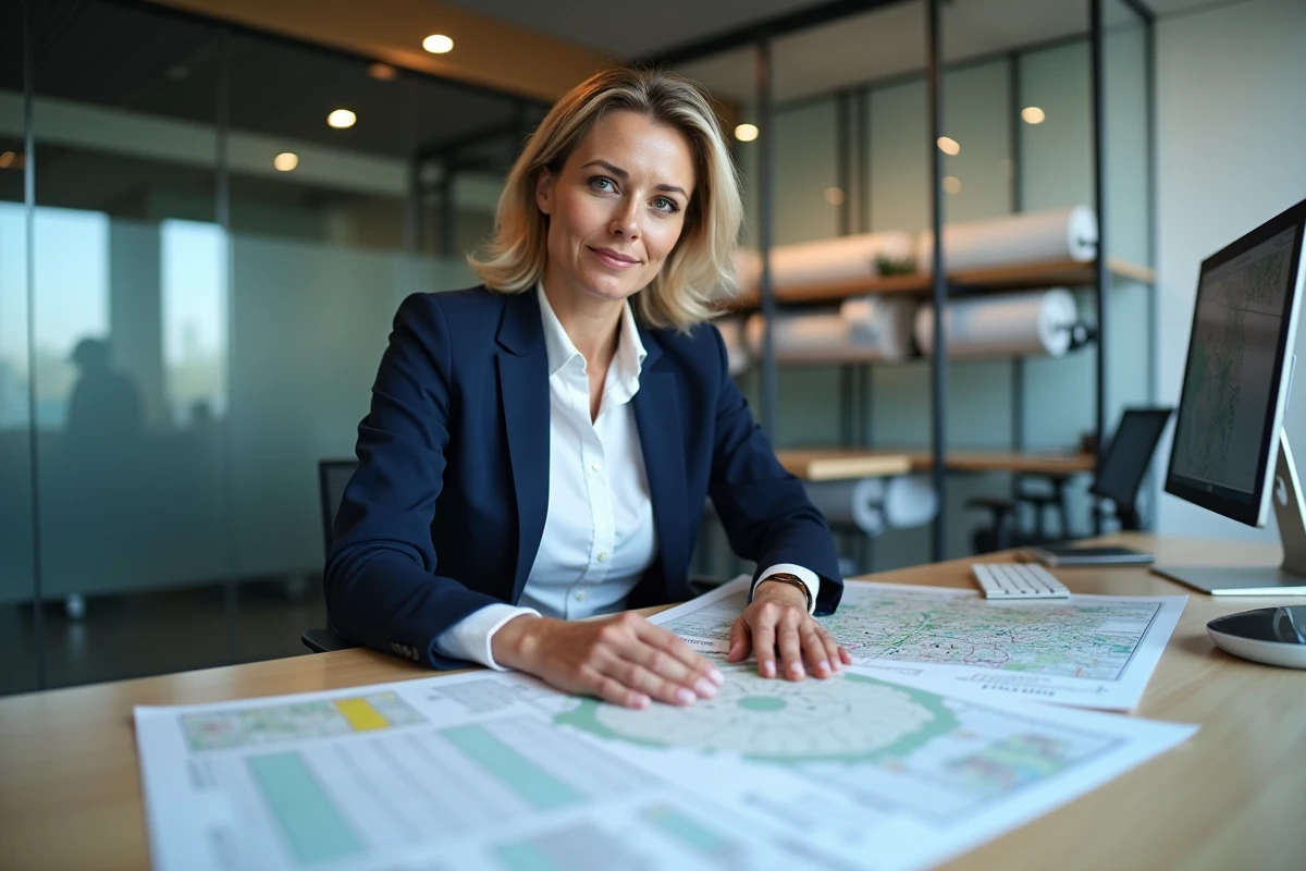 Géomètre femme analysant des cartes cadastrales et données salariales régionales dans un bureau moderne équipé de logiciels SIG