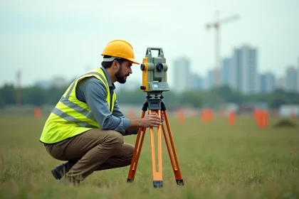 Géomètre professionnel utilisant un théodolite sur un chantier de mesure topographique en plein air avec vue urbaine en arrière-plan