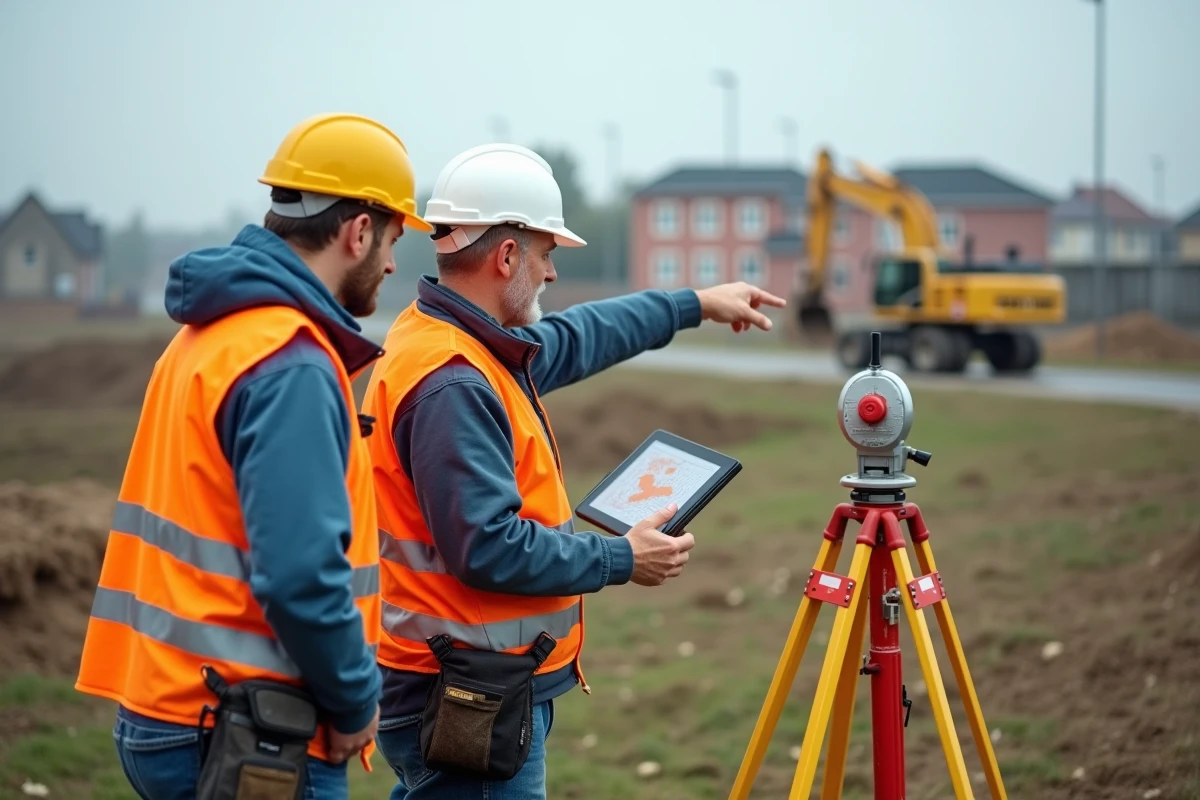 Deux géomètres experts collaborant sur le terrain en zone périurbaine, consultant des données topographiques régionales sur tablette