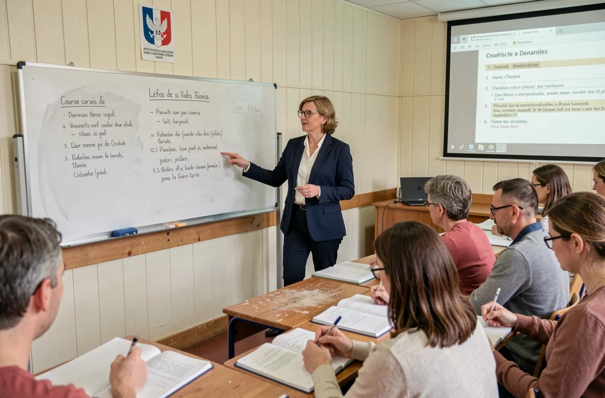 Formatrice du GRETA de l'Essonne animant un cours de formation continue pour adultes dans une salle de classe institutionnelle