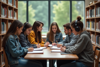 Groupe de sept adolescents en bibliothèque moderne