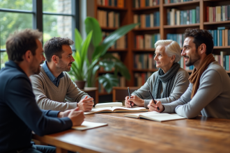 Quatre adultes discutent dans une bibliothèque moderne