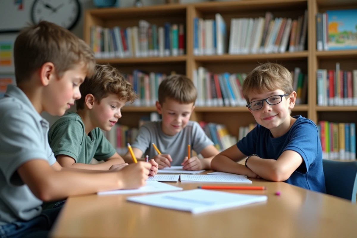 Trois &eacute;l&egrave;ves de CM2 travaillent ensemble en biblioth&egrave;que