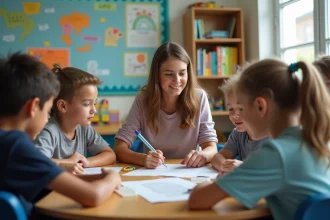 Groupe d'enfants en classe avec professeur lors d'une activité