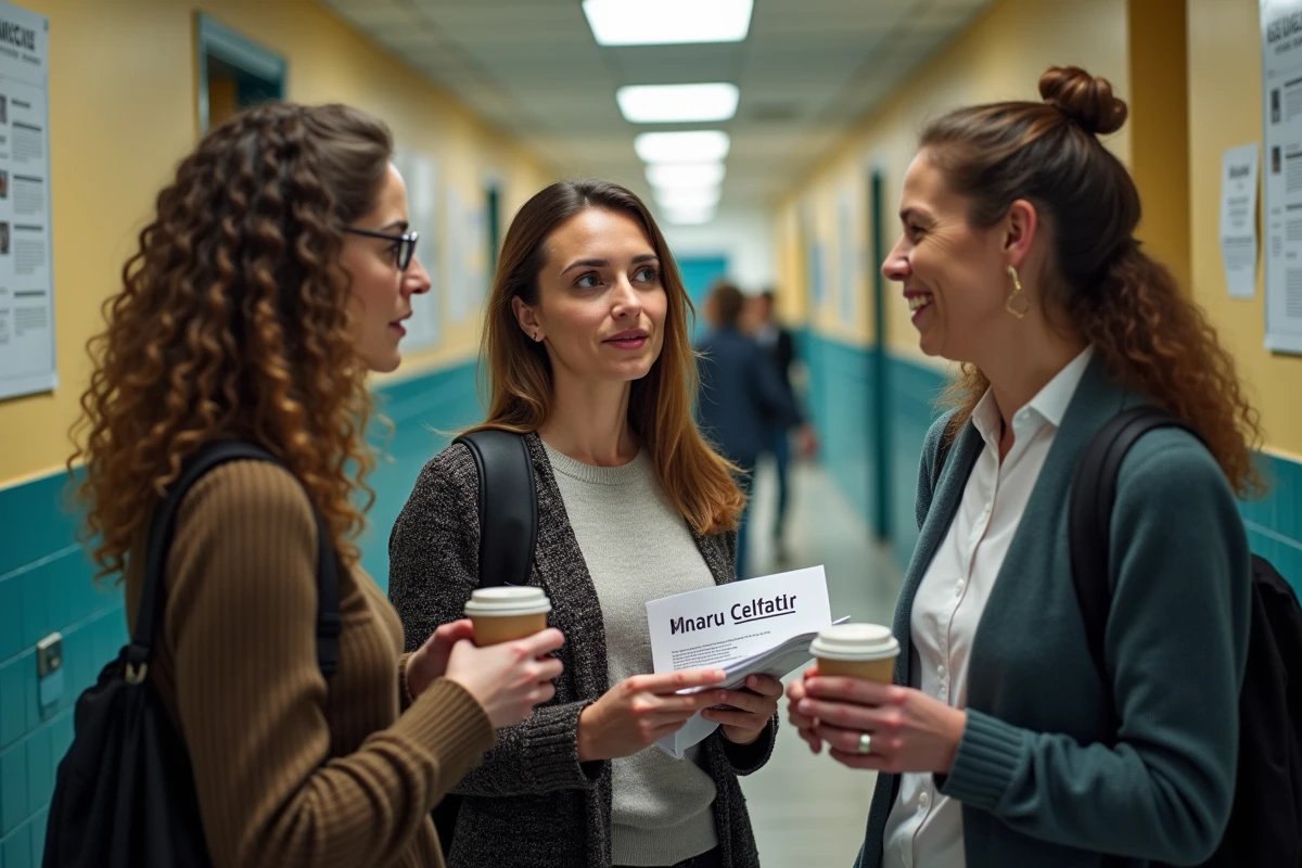 Groupe d'enseignants discutant du Pacte enseignant et de la rentrée 2026 dans un couloir d'école
