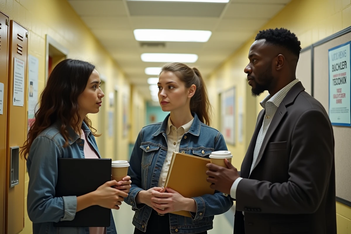 Groupe d'enseignants discutant des revalorisations salariales en zone prioritaire dans un couloir de coll&egrave;ge