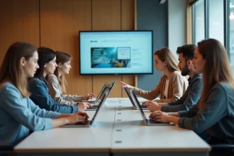 Groupe de jeunes adultes en formation avec ordinateurs