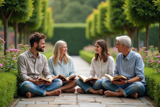 Quatre adultes lisant et discutant dans un jardin paisible