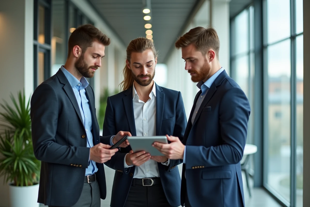 Groupe de jeunes professionnels discutant dans un bureau moderne